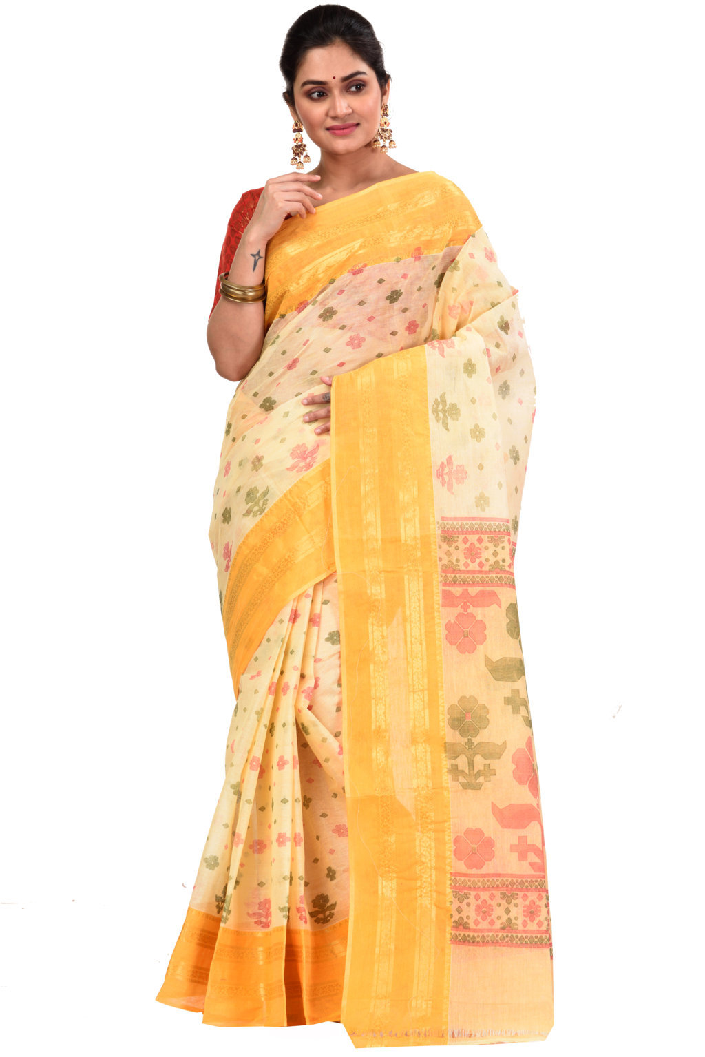 Yellow Pure Cotton FullBall Print Tant Saree Print (430)